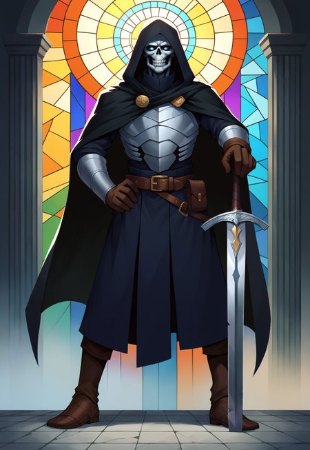 safe_pos, score_9, score_8_up, score_7_up, BREAK, source_anime, zPDXL3, NEGATIVE_HANDS, pathfinder portrait, undead, skeleton, black armor, black hood, belt, gloves, boots, black cape, one-hand-hilt, hand on hilt, holding sword, planted sword, aura, black stained glass, emphasized-details