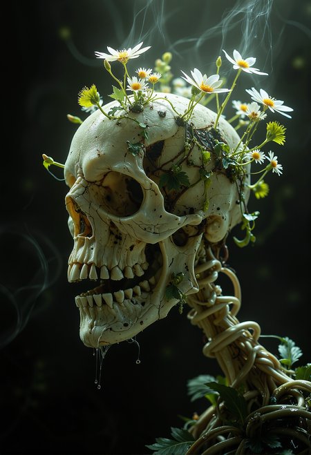 organic skull plant. little organic and translucent skull flowers. minimalistic background. spotlight. <lora:Magic_of_Art_\(FLUX\).safetensors:0.5>,  <lora:black_fantasy.safetensors:0.5>,  <lora:aiai-Glimra-Flux-Dev-v2.safetensors:0.5>,