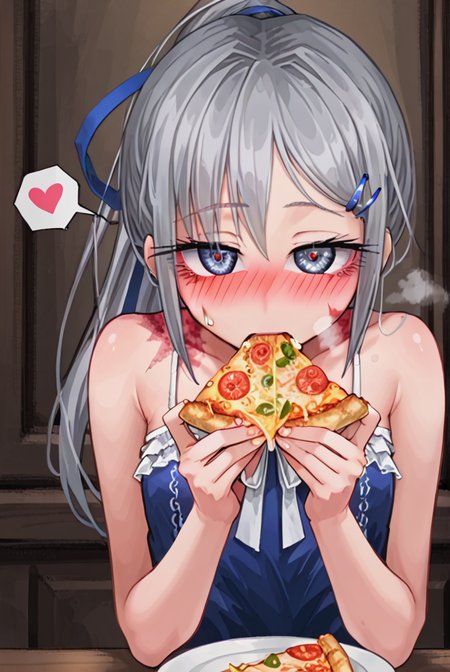 score 9,score 8 up,score 7 up,rating questionable,detailed background,aroused,cinematic lighting,dynamic lighting,uncensored,
,sylvie <lora:sylvie.pony:1>
steaming body,sensual,alluring,sweatdrop,heavy breathing,(spoken heart),silver hair, ponytail,blue ribbon, 
blue-dress,sleeveless, 
hud_e4ting,holding pizza slice,holding food,eating,<lora:eating_slice_of_pizza:0.6>,open mouth, 
Intimate Portuguese Fado Bar,softly glowing lanterns and flickering candles,saliva,half-closed eyes,(pov)