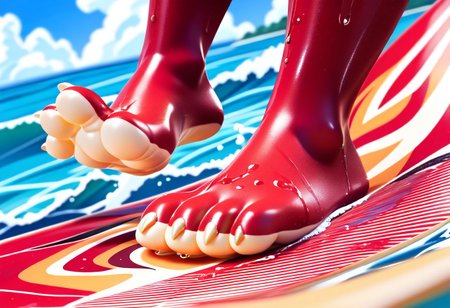 score_9, score_8_up, score_7_up, score_6_up, score_5_up, score_4_up, 1girl, furry female, alice, red squirrel, barefoot, red feet, 3 toes, foot focus, water, surfing, feet on surfboard, wet on feet, close-up