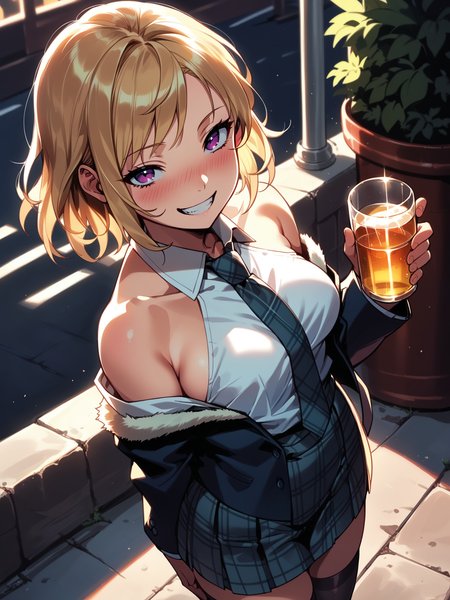 (cowboy shot, solo focus:1.2) <lora:happy_tentacle-lovebeat-v0.2-000036:1>, ht_lovebeat, (blonde hair, purple eyes:0.7), pleated skirt, plaid skirt, plaid necktie, thighhighs, () ( (bare shoulders :1.1) :1.1) ( , , ((drunk:0.8) :1.2) , seductive smile , looking back :1.1) , outdoors, vegetation, ( :1.1), , (dusk :0.6), , (:0.5), , ( :0.9), (formal, suit:1.2), collared shirt, high-waist skirt, jacket, necktie, pencil skirt, shirt, (( from above :1.2) :0.8) score_9, score_8_up, score_7_up, score_6_up, score_5_up, score_4_up, ( [(realistic, photorealistic:1.3):(realistic:1.2):14] [(3d:1.2)::12] :1) <lora:LUUNA's Lunas-NijiJourney-SDXL-B2:0.35>, nijijourney <lora:prgfrg23's Counterfeit-V3.0 Style SDXL_LoRA_Pony Diffusion V6 XL:0.5> <lora:mfcg's mfcgXL:0.12> <lora:reweik's gyokai(himehajime)_PonyXL_style_v01:0.14>