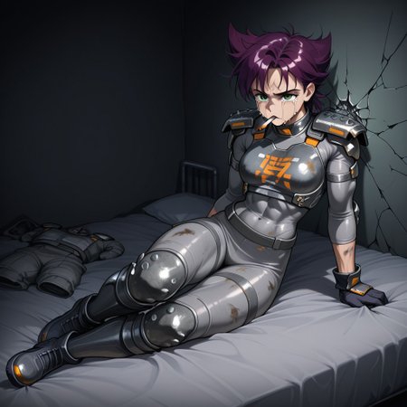 Konoko, 1 girl, short, messy, spiky purple hair, green eyes, athletic and muscular build Bodysuit, gray and white combat suit, metallic shoulder pads and protection, dark gloves, sturdy boots, orange details
Konoko lying on her side in bed with a cigarette in her mouth. Crying, expressionless, serious and neutral expression, depressing and dirty room, cracked walls, dark room