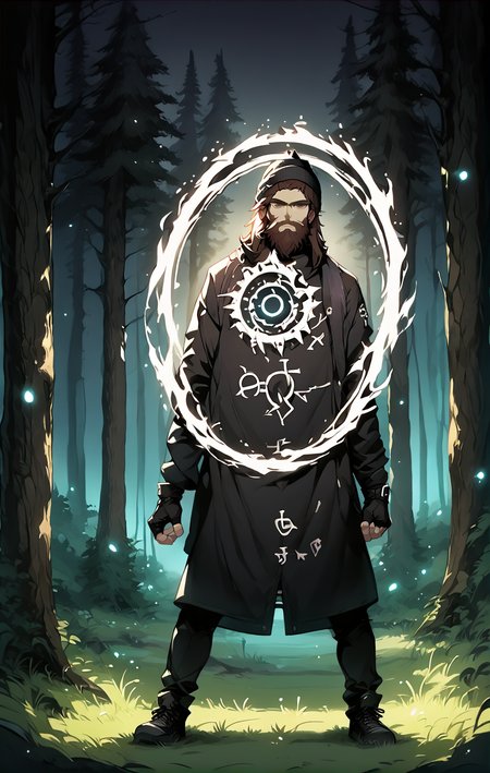 score_9, score_8_up, score_7_up,,  good quality ,, character focus, solo, alone, standing, looking at viewer, zoomed out, best quality , detailed background, dark scene, extreme darkness, no light, no light source,  <lora:SpellBindPony:0.8> white spell bind,  casting a giant white glowing circular spell bind  ((dark scene, barely visible,no light, forest at night, night woods, black forest, black grass, black trees, black sky, black background,))  <lora:jeezo:1> jeezo, male focus, facial hair, beard, brown hair, long hair, beanie, black fingerless gloves, long  jacket, black headwear, black jacket, long sleeves, , Bandolier, black pants, stretching arm,  full body, standing, pointing,    <lora:dark_v1.9-pony:1> dark theme, dim lighting, black theme, dark background