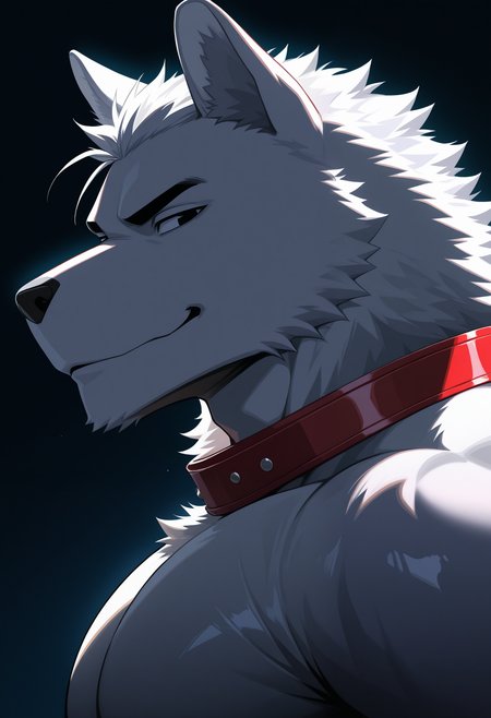 masterpiece,best quality,amazing quality, 1boy, solo, w0lfMC, wolf, muscular male, bara, blocky, white fur, black eyes, red collar, side angle, close up, smirk, looking at viewer,