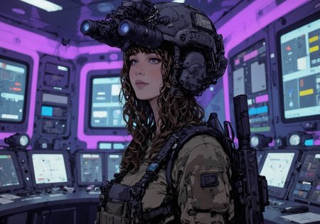 in the style of cksc,, A photograph of a young woman wearing n0ds on her head, featuring a protective headpiece in a black camouflage design with modular mounting points, integrated wiring, and an adjustable chin strap. Attached to the front is a dual-tube optical device with forward-facing cylindrical lenses emitting a subtle blue glow. She has long, wavy brown hair and a freckled complexion, dressed in a tan tactical shirt under a camouflage-patterned jacket. She carries a slung weapon, partially visible at the edge of the frame. The setting appears to be a high-tech control room, illuminated by vibrant purple and blue ambient lighting, with panels and screens in the background adding to the futuristic atmosphere<lora:n0ds_epoch_23.safetensors:1.0:1.0> <lora:ck-shadow-circuit-000021.safetensors:1:1>