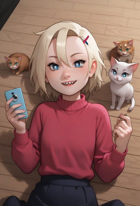 ino, hair ornament, hairclip, 1girl, solo, blonde hair, short hair, blue eyes, smile, looking at viewer, BREAK level_9, level_8_up, level_7_up, source_anime, masterpiece, BREAK naruhodou_artstyle, BREAK outdoor, sweater, selfie
long hair, shirt, cross-shaped pupils, hair between eyes, sharp teeth, smiling, 
BREAK
level_9, level_8_up, level_7_up, level_6_up, level_5_up, source_anime, masterpiece 
BREAK
laying on the floor, cats, a lot of cats, cats all around, covered in cats, CATS, cat, happy, cats everywhere, cats all over ino cuddling, cute, patting cats, various colors of cats, various cats,