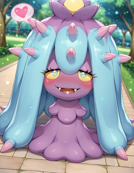 score_9, score_8_up, score_7_up, score_6_up, score_5_up, score_4_up, source_anime,
BREAK
1girl, solo, pokemon,  pokemon \(creature\), pokemon (creature), mareanie, fangs, yellow sclera, spikes, purple skin,  <lora:Mareanie_Pokemon:0.9>, eyelashes, full body, dutch angle, blush, happy, makeup, half-closed eyes, spoken heart, park, outdoors, looking at viewer,