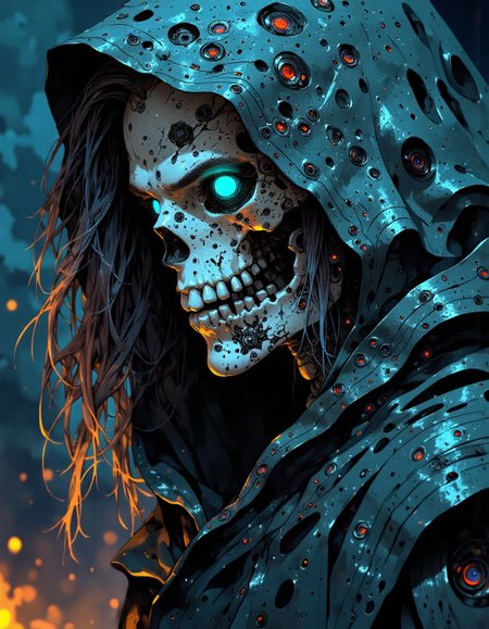 cyberpunk style, closeup of A skeletal figure face, hooded in darkness, with a single glowing blue eye, stares out at the viewer. Their skin is pale and skeletal, with metallic implants covering their face. Their hair is long and flowing, partially obscuring their skeletal features. The background is filled with dark, swirling clouds and hints of fire, <lora:CPA:0.8>, <lora:FluxMythP0rtr4itStyle:0.7>, <lora:Elden_Ring_-_Yoshitaka_Amano:1>