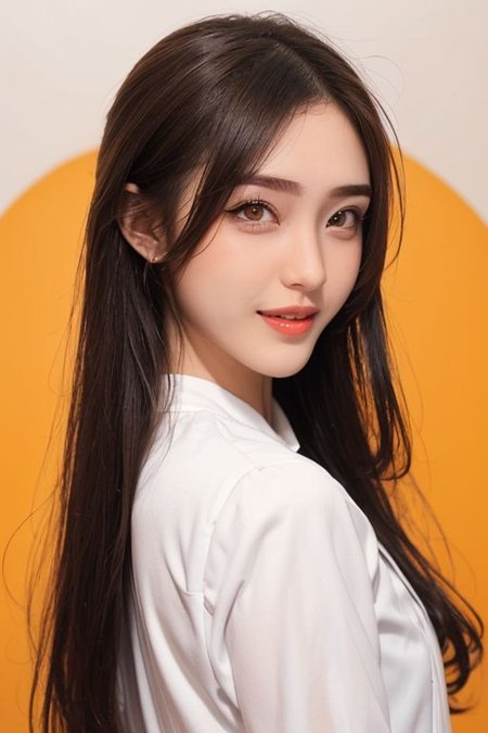 1girl,orange background, (extreamly detailed pupil, extreamly detailed eyes,(proportional eyes, same size eyes),perfect eyes looking, bright eyes,(detailed eyes), long eyelash, downing eyes), (looking at viewer),((proportion body)), (extreamly detailed face, extreamly detailed eyes, extreamly detailed nose, extreamly detailed lips), (red lips, {parted lips|smirk|smile, happy smile}), ((shiny skin)), ((jawline, strong jawline), ((dimple)), collar choker, Messy long hair, view from back