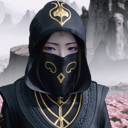 yuanyao,3d,<lora:ponyyuanyao2-000007:1>,full body,the image is a digital illustration of a woman wearing a black hooded cloak with a gold emblem on the front. she is wearing a black leather mask with a gold design on itã the cloak is covering her face and neck,and she is also wearing a gold necklace with a geometric design.  the woman's face is partially obscured by the hood,and her eyes are visible through the mask.  she is standing in front of a mountainous landscape with pink flowers on the left side of the image.  the background is blurred,but it appears to be a cloudy sky.,