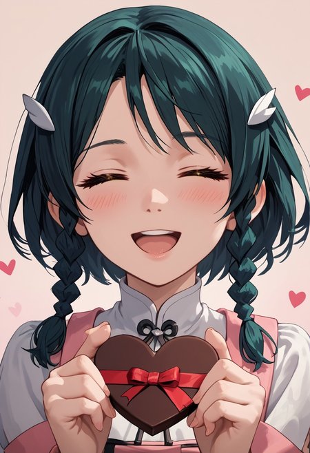 score_4,score_5,score_6,score_7_up,score_8_up,score_9 ((masterpiece,best quality,ultra detailed,highres,HD,4k:1.2)), 
1girl, solo,solo focus,girl focus,face focus,
medium hair, dark green hair, braids, two braids, hair ornament,yellow eyes,
pov,from the front, front view, front angle, 
Happy Valentine's Day, Valentine's chocolate, holding wrapped chocolate, 
heart background, 
blush,happy,smile,((closed eyes,open mouth:1.1)),