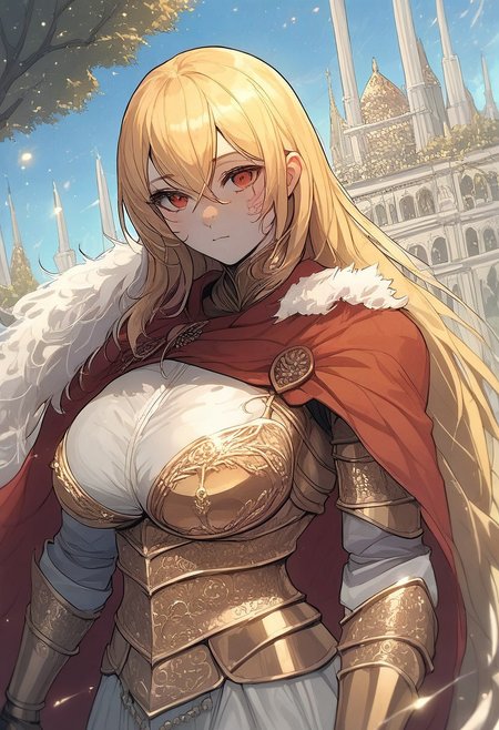score_9, score_8_up, score_7_up, source_6_up, source_anime, source_real, cowboy shot, eldringpxl, elden ring, mlkgv, blonde hair, long hair, red eyes, large breasts, hair between eyes, fur-trim, red cape, golden order, knight, armor, full armor, gold armor, standing, outside, city, white marble buildings, gold inlay, Tree Sentinel, Thomas Kinkade, holding rapier, rapier,