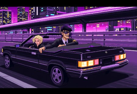 pixelart, man driving a convertible shiny black car with one hand,relaxing,he is wearing sunglasses,and smiling confidently,smirk,black hair mullet,on the back seat is sitting a blonde beautiful woman wearing elegant clothes,closed eyes,happy smile, neon highway,retro city in the background with tall buildings,joy moment,driving at high speed,wind blowing,after image lights,