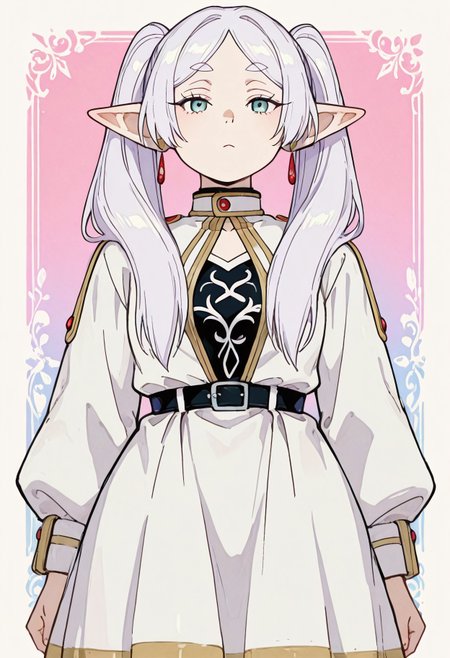 1girl, solo, looking at viewer,
frieren \(frieren beyond journey's end\),
white hair,
neutral expression,
standing,

pink, white, blue,
painted_background,

Kenorland, kenorland, artist:moriimee, 748cmstyle, Bl3th3bn3_Styl3_SKNSFW,