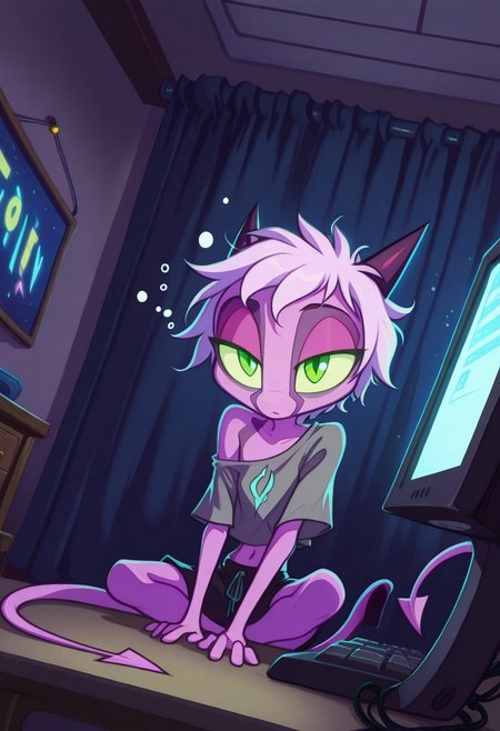 Dreamkeepers,Prelude_Namah,,demon tail, green eyes, horns, 
solo, 1girl, child,
masterpiece, best quality, newest, very awa, no lineart, no outline, Flatline, Flat vector illustration, Smooth, super cute style, very aesthetic, flat colors, Colorful themes, High Saturation, petite, cute, small, fragile, young, youthful, short hair, messy hair, collarbone, navel, 
dynamic pose, sleepy, gray bags under eyes, dutch angle, sitting at computer, cute outfit, casual outfit, indoors, one bare shoulder, night, dark, volumetric lights,