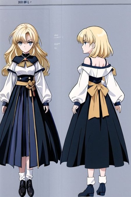 anime, blonde, very messy hair girl, gothic style, no sleeve yellow shirt, black skirt, shoulder, witch, serious face, medieval fantasy, medieval castle, wizard uniform, 1980s (style), retro artstyle, model sheet, simples bsckground, chara-sheet