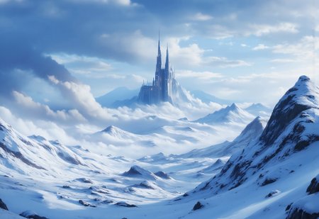 aidmamj6.1, digital art of  a snow valley with white rocks. Its giant tower in the distance, the roof of the tower reaches the clouds, The sky is shrouded in clouds by the light of the setting sun, there are lights in the tower windows . The scene is filled with tranquility and peace.