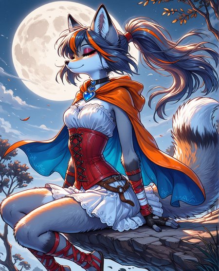 masterpiece, best quality, amazing quality, solo, furry female, sfxm2, fox tail, fox ears, paws, paw pads, (long hair, streaked hair, high ponytail), eyeshadow, fox claws, orange cape, blue inner cape lining,  short cape, (red corset, white skirt), heart brooch, moon, trees, bandages, wraps, open-toe footwear, fingerless gloves, vivid contrast, vivid coloring, breeze, windy, fluffy fur, detailed fur, sitting