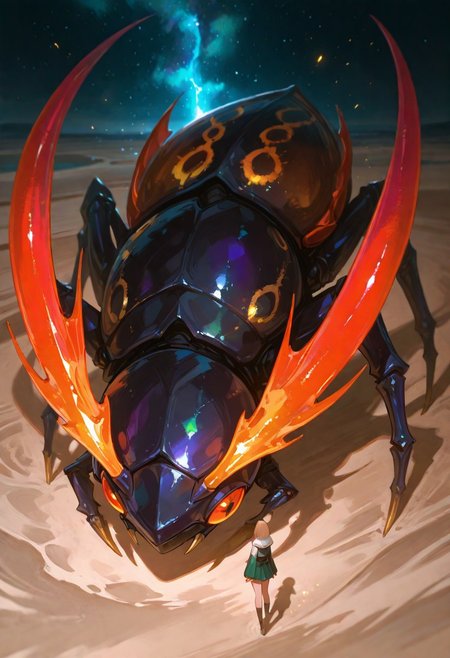 masterpiece, best quality, highly detailed, score_9, score_8_up, score_7_up, score_6_up, dramatic lighting, shadows, dynamic posture, A massive, iridescent, spiky creature, resembling a beetle or insect, with a metallic, polished carapace in shades of deep blue, purple, and shimmering pink.  Large, glowing orange-red eyes dominate its face, and the body is covered in intricate details and sharp spikes that gleam in the light.  The creature has many segmented legs, and is walking along a surface of light brown sand speckled with golden and orange sparkles.  Rocks of dark grey and muted greens are scattered throughout the sandy ground.  The scene is lit by an ethereal, otherworldly light, casting vibrant color onto the creature and the environment.  An impressionistic style, emphasizing the textures and light effects, creating depth and a sense of wonder.  Include a dreamy, almost fantasy-like atmosphere in the background with blurred, glowing stars and nebula-like colors, and subtle hints of deep blues and purples behind the creature.  Focus on hyperrealistic details with meticulous surface textures.  High-definition render.