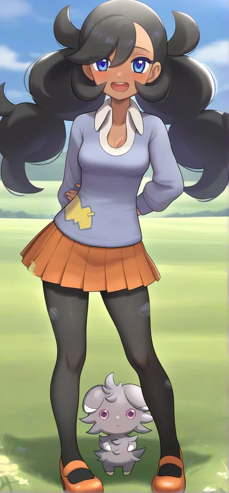 [[hinosaki]], 2d, masterpiece, best quality, amazing quality, 1girl, solo, close-up, standing, open mouth, smile, full body, looking at viewer, meadow, day, ,pkemma, emma \(pokemon\), dark-skinned female, blue eyes, low twintails, bangs, black hair, long hair, blue sweater, [[yellow patch]], white shirt, collared shirt, orange pleated skirt, black pantyhose, torn pantyhose, mary janes, orange footwear, espurr