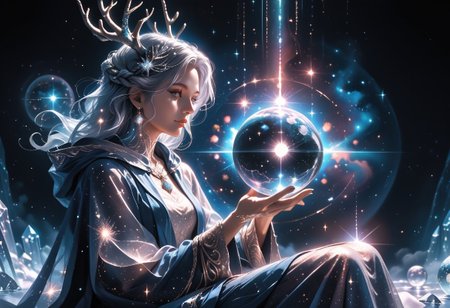 high quality, score_9, score_8_up, source_7_up, very aesthetic, high resolution, newest, depth of field, volumetric lighting, (masterpiece, best quality, ultra-detailed, High detailed), beautiful face,  absurdres, masterpiece, best quality, amazing quality, masterpiece,best quality,amazing quality, 8k, 
BREAK 
girl, silver hair, silver eyes, ethereal horns, deer horns, 
druid robe, flowing robes, glowing runes around person,
sitting, floating, orb, crystal ball, hood up, hand holding orb,
galaxy inside orb, levitating, stardust,
surreal, detailed, rich_color_palette, light_and_dark, arcane, atmospheric, dreamlike, otherworldly, fantastical, galaxy,
dark background, night sky,
