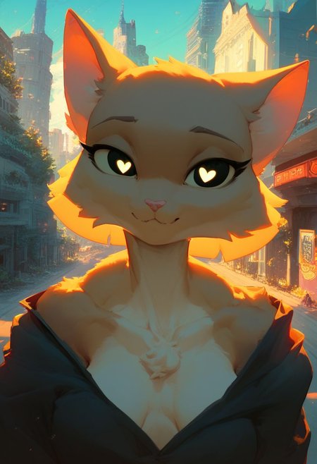 score_9, score_8_up, score_7_up, beautiful portrait of katia managan looking at viewer, glowing eyes, cat girl, furry, black eyes, heart shaped pupils, collarbones, highly detailed, jewerly, 
city background, hrd, masterpiece, best quality