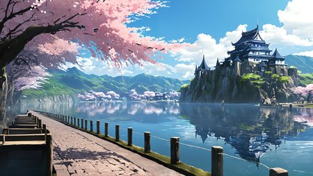 mystic style, source_anime, anime world, fantasy castles , underwater city , digital worlds, cherry blossom park , serene lakeside