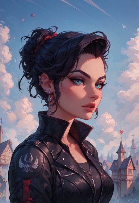score_9, score_8_up, score_7_up, score_6_up, 1girl, solo, 
A mysterious DnD assassin cloaked in shadow, with short, jet-black hair styled in a tousled, practical cut, and piercing crimson eyes glowing faintly. She wears a fitted black leather outfit adorned with subtle silver accents, designed for stealth and agility. Her expression is calm and calculating, exuding deadly precision. Twin daggers are sheathed at her hips, and a faint trail of smoke swirls around her. The background is a moonlit rooftop overlooking a medieval city, with stars glimmering faintly in the night sky.