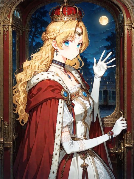 <lora:Athanasia_r1:1>
1 girl, solo, princess, blue eyes, blonde hair, long hair, wavy hair, french braid, bangs, parted bangs
white dress, necklace, collarbone, earrings, choker, gem, jewelry, red cape, crown, bracelete, pearl necklace, white gloves, elbow gloves,
score_9, score_8_up, score_7_up, source anime, BREAK, cowboy shot, (from side), looking back, looking at viewer, inside a carriage, waving, exterior, background, (solo), perfect hands , night, golden moon, <lora:iLLMythG0thicL1nes:1>