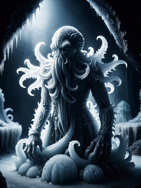 dark cavern cthulhu statue made of mad-ice, misty, cinematic shot, dramatic lighting <lora:Ice_SDXL:0.8>, raw photo, film grain, Fujifilm XT3, (photorealistic, realistic:1.2), deep shadow,  8k, uhd, dslr, ultra high res