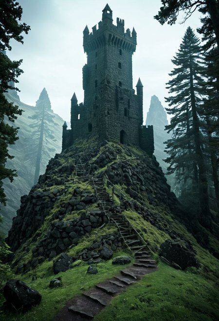 <lora:TheWeirdies_epoch_10:0.78>, epiCPhotoGasm-colorfulPhoto  , advntr ,
score_9, score_8_up, score_7_up, score_6_up
Durlag's Tower was a large tower that was said to be haunted by a powerful entity, as well as one that housed immeasurable treasure. ((game of thrones aesthetic, cinema still from dynamic scene)), The fortress was located south of the Wood of Sharp Teeth, a couple of miles from the small settlement of Gullykin. The tower was built entirely of volcanic stone and was in fair condition given the amount of time and neglect involved. It laid atop a volcanic plug that dominated the surrounding lands. Durlag Trollkiller, aided by hired dwarves, was said to have hollowed out the mountain for the rock that made up his tower and used the space created to hide further treasure. This local landmark was the isolated keep of Durlag Trollkiller, son of Bolhur the Clanless,  Many adventurers sought his treasure over the decades, with varying degrees of success. Around 1372 DR, rumors said a fiend had taken up residence within the remains of the tower and used the defenses created by Durlag to keep both itself and the treasure safe. Some claimed that this creature was a lich.
no humans
((massively large towering fortress, dark woods surround, built of volcanic stone, mountain, dark, ballistas on the battlements))
