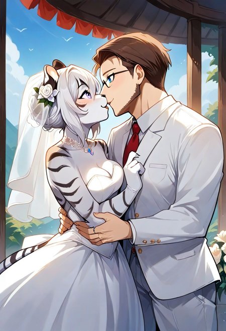 score_9, score_8_up, score_7_up,  source_furry, 1boy, 1girl,
1girl, l3i_ph3, furry, white hair, black stripes, purple eyes, wedding dress,
1boy, 43r0n, brown hair, blue eyes,
happy, kissing, golden ring, ring finger, ring on finger, outside, cliff edge, wedding scene, flower arch, furry female, human male,
