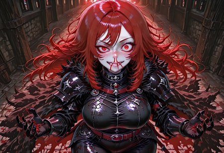 very aesthetic, masterpiece, best quality, highres, absurdres, amazing quality, high resolution, medieval background, detailed eyes, perfect eyes, expressive eyes, Expressiveh, vivid colors, realistic lighting, perfect anatomy, addmicrodetails, ultra detailed face, ultra detailed eyes
Red Eyes, long hair, red hair, pale skin, voluptuous, cellulite, chubby, large breasts, ((uneven eyes)), freckles, crazy eyes, wide hips
black medieval armor, black armor, black gloves, sharp fingers, black gauntlets, dark red leather straps, black fur cloak, black fur collar, black leggings, black pauldrons, black shirt, button up shirt, button down shirt, gambeson
absurdres, highres, anime, anime style, ExcessiveAnimeNosebleed, nose bleed, bleed, excessive nose bleed, blood, nosebleed,