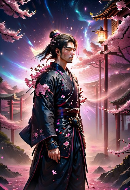 score_9, score_8_up, score_8, full color painting of samurai portrait, pink sakura trees background, petals on the wind, far view, night time, stars in the sky,  landscape, dramatic lights,  sparkles around, insane details, intricate details, hyperdetailed, soft cinematic light, dim colors, exposure blend, hdr,