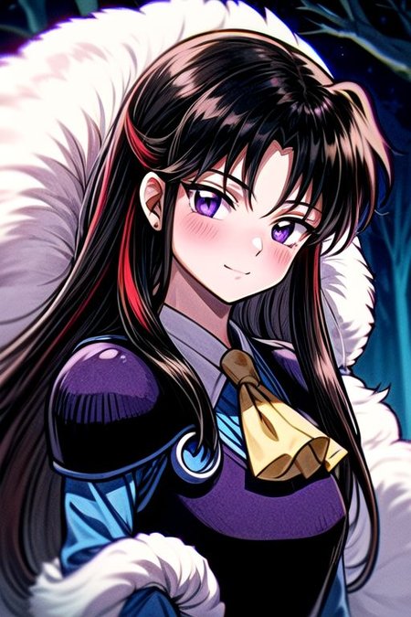 masterpiece,  best quality 1girl Setsun4 solo long hair,  (night time) forest background black hair very long hair purple eyes multicolored hair armor (fur trim) (medium body),<lora:EMS-179-EMS:0.800000>,<lora:EMS-293862-EMS:0.800000> bow, hair_bow, hair_tubes, red_bow, brown_hair, long_hair, bangs, ascot, frilled_bow, yellow_ascot, blush, smile, hair_between_eyes, athletic, armor, miko