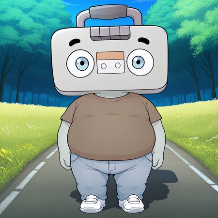 masterpiece, best quality, detailed, official art, solo, juke, male, 1boy, plump, no humans, black eyebrows, grey skin, grey body, short, light blue eyes, young, plump, fat, short, boombox head, brown shirt, jeans, white shoes, standing, looking at viewer, happy, outdoors,