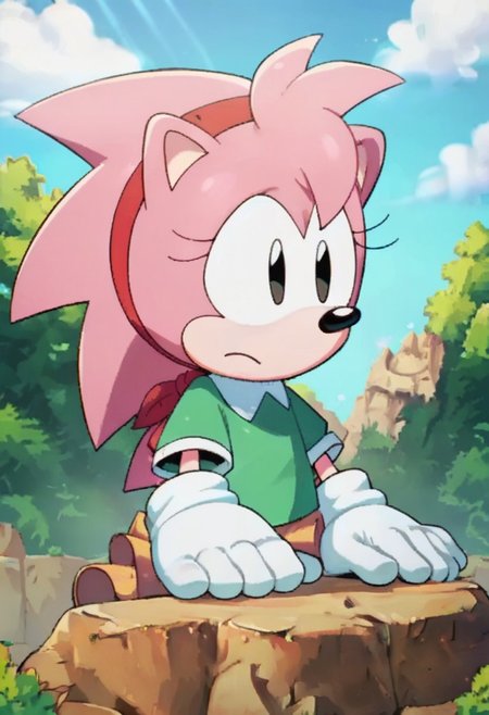 score_9, score_8, score_7, source_furry, amiroze, 1girl, solo, hairband, outdoors, gloves, white gloves, green shirt, tree, shirt, day