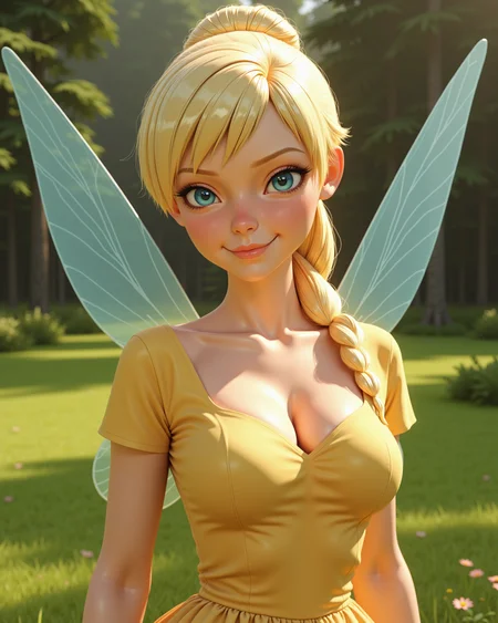 -looking at viewer, outdoors daylight, a 20 year old adult mature woman.
3d CGI Style,  front view photo of.
<lora:Disney_-_Tinker_Bell_v2-000050:1> d-tinkerbell, blue eyes, blonde hair, fairy wings, Peplum top with a round neckline, cap sleeves, and a fitted waist
Upper Body view passport style