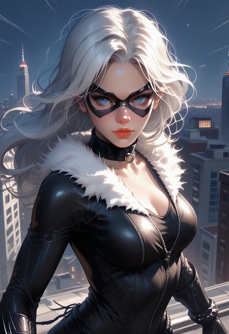 <lora:BlackCatpony10:1>,
score_9,score_8_up,score_7_up,
BlackCat,1girl,solo,breasts,long hair,mask,bodysuit,cleavage,white hair,fur trim,blue eyes,medium breasts,black_cat_\(marvel\),gloves,domino mask,lipstick,looking at viewer,city,black bodysuit,claws,makeup,lips,choker,night,full body,
Jump from a high place to the ground,support the ground with one hand,the claws and the ground are sparking,landing,(motion_lines:1.5),(motion_blur:1.3),(speed_lines:1.5),The wind messed up her hair,