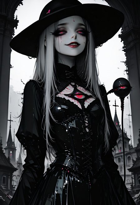 (EyesHD:1.2), (4k,8k,Ultra HD), masterpiece, best quality, ultra-detailed, very aesthetic, sharp focus, depth of field, ray tracing, best lighting, detailed illustration, detailed background, cinematic, high contrast, high resolution,masterpiece, best quality, amazing quality, absurdres, (scenery, volumetric lighting), newest, depth of field,BREAK masterpiece,amazing quality,best quality,ultra-detailed,8K,illustration,CG,shiny hair,clear skin,ultra-detailed-eyes, detailed background,cute girl, eyelashes BREAK,1girl alternate costume alternate hairstyle commentary request fusion gap \(touhou\) greyscale happy hat heart highres koishi komeiji's heart-throbbing adventure komeiji koishi long hair monochrome sentaku-bune skirt smile solo spoilers third eye touhou yakumo koishi yakumo yukari,Flat Chest,Dress with a Bustier Bodice,tearing,saggy breasts,dawn, distrail,church_of_the_savior_on_blood,disdain,    Sinozick_illu,gradient,spot color,at3r4