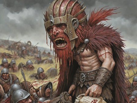 a surreal image in lowbrow art style of a Viking barbarian prince wearing fur and leather armor rags rising above a battlefield, drops of blood covering the face., A nightmare mood.