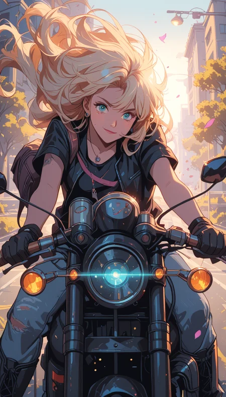 masterpiece, Shinkaistyle, STYLE_PONYXL_guweiz_ownwaifu,
pinkretroanime, retro art,
Cyberpunk Style, cyberpunk, science fiction, hi tech, future tech, neon, (Cybernetics:1.25), (Neon Cityscape:1.4), (lineless:1.5), smooth edges, (lighten the face:1.5), tall body, slender body, fit body, long legs, In the image, there's a scene that seems to evoke a sense of adventure and freedom. The main focus is a young woman with striking blue eyes, her hair a cascade of blonde waves. She's astride a sleek black motorcycle, its headlight gleaming as if ready to cut through the wind. The woman is dressed in a black leather jacket and jeans, giving off an edgy, free-spirited vibe. She grips the handlebars tightly, her posture suggesting she's either just started the ride or is about to accelerate. Behind her, there's a backdrop of a city street at dusk, with buildings that seem to stretch on into the distance. The sky above is painted in hues of orange and pink, hinting at the setting sun. A few leaves are scattered across the frame, adding to the urban atmosphere. The image has a high level of detail, particularly in the character's attire and the intricate details of the motorcycle. The lighting is soft, casting gentle shadows that add depth to the scene. The colors are vibrant, with the woman's blonde hair contrasting beautifully against the darker tones of her jacket and the black motorcycle. Overall, this image captures a moment of anticipation and excitement, as if the rider is about to embark on an epic journey through the city at dusk., 1girl, solo, long hair, breasts, looking at viewer, blush, smile, bangs, blue eyes, blonde hair, shirt, gloves, holding, jewelry, sitting, closed mouth, collarbone, jacket, white shirt, white hair, short sleeves, earrings, boots, outdoors, open clothes, day, black gloves, pants, necklace, bag, black footwear, aqua eyes, open jacket, tree, black jacket, v-shaped eyebrows, torn clothes, petals, black shirt, tattoo, leaning forward, floating hair, leaf, scar, black pants, sunlight, backpack, knee boots, helmet, light smile, denim, ground vehicle, wind, t-shirt, building, motor vehicle, scar on face, pendant, backlighting, cropped jacket, sunset, jeans, injury, glint, city, motion blur, unbuttoned, blue pants, car, road, riding, >:\), leather, motorcycle, lamppost, dirty, street, torn pants, falling leaves, leather jacket, scratches, dirty face, on motorcycle