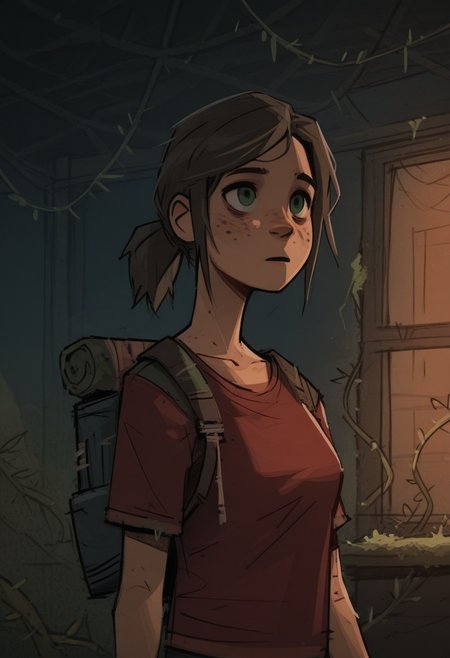 a13xstyle, sketch, masterpiece, best quality, solo,                                                                                  detailed face, detailed eyes,  ellie\(the last of us\), green eyes, ponytail, freckles, store, moss, vines, backpack,,  red shirt, aisles, dark, 