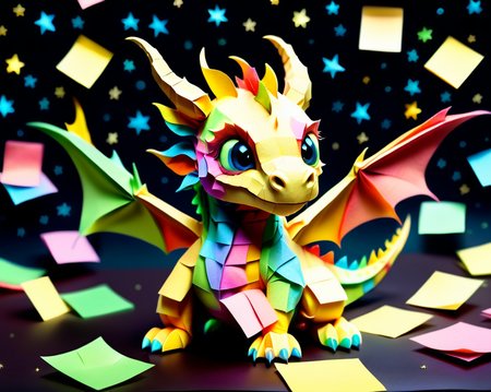 a small colorful cute baby dragon with tiny scales made out of Jed-StickyN, dynamic pose, dynamic angle, dark fantasy, intricate details, ultra wide shot, zoomed out,
<lora:StickyNotesStyle:1>,  <lora:add-detail-xl:0.7>,  <lora:sd_xl_dpo_lora_v1:1>, <lora:xl_more_art-full_v1:0.3>,  set against a  background of a starry sky,