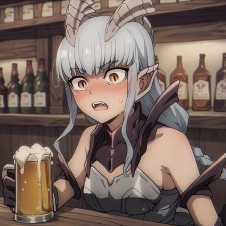 score_9, score_8_up, score_7_up, score_6_up, score_5_up, score_4_up, source_anime, , Waldelia, dragon girl, armor, bar, drinking beer, drunken, cheers, open mouth, blushed