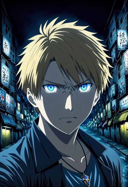 high resolution, solo, best quality, 1Boy, Yamato Ishida, Blond Hair, Blue Eyes, Necklace, potrait, midnight, dim street lights, mysterious, threatening, aiming the weapon to the viewer, OverallDetail