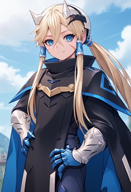 score_4,score_5,score_6,score_7_up,score_8_up,score_9 ((masterpiece,best quality,ultra detailed,highres,HD,4k:1.2)),
1 girl, solo, long hair, ponytail, blue eyes, sharp eyes, slanted eyes, hair tube, hair between eyes,facial scar, bangs, headgear,
cape, cloak, armor, spikes, gauntlets, 
standing,hand on hip,
smile,