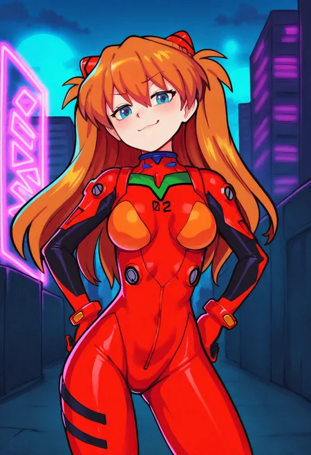 best quality, amazing quality, very aesthetic, absurdres, BREAK
1girl, asuka langley, red plugsuit, standing, smug, looking at viewer, futuristic background, neon light , buildings, night,  <lora:NivarisNoob_byKonan:1>