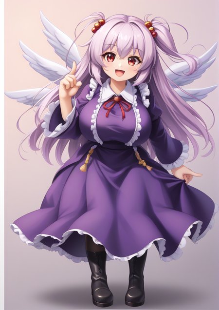 1girl, shinki (touhou), huge breast, , :d, black footwear, boots, chibi, chibi inset, dress, full body, hair bobbles, hair ornament, hair wagging, hitodama, long hair, long sleeves, multiple wings, one side up, open mouth, pantyhose, red eyes, smile, solo, wings,  handfixer <lora:HandFixer_pdxl_Incrs_v1:1> <lora:Zzo0:0.8>