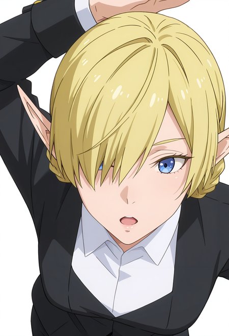 Smooth Quality,masterpiece,very intricate, high quality details, ultra realistic, high detailed skin,detailed enviorement,absurdres, 
simple background, white background, 
from above,dancing,
;o,
 <lora:Kagali_cnn:0.8> 1girl, blonde hair, blue eyes, pointy ears, elf,short hair, braid, hair over one eye,suit, white shirt,